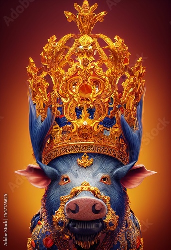 Vertical AI-generated digital art of a pig with a golden crown