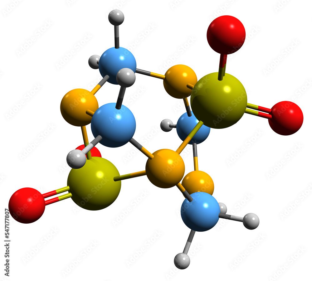 3D image of Tetramethylenedisulfotetramine skeletal formula - molecular chemical structure of rodenticide TETS isolated on white background
3D image of Tetramethylenedisulfotetramine skeletal formula - molecular chemical structure of rodenticide TETS isolated on white background