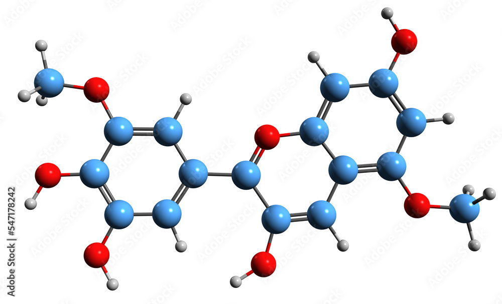  3D image of Europinidine skeletal formula - molecular chemical structure of  O-methylated anthocyanidin isolated on white background
