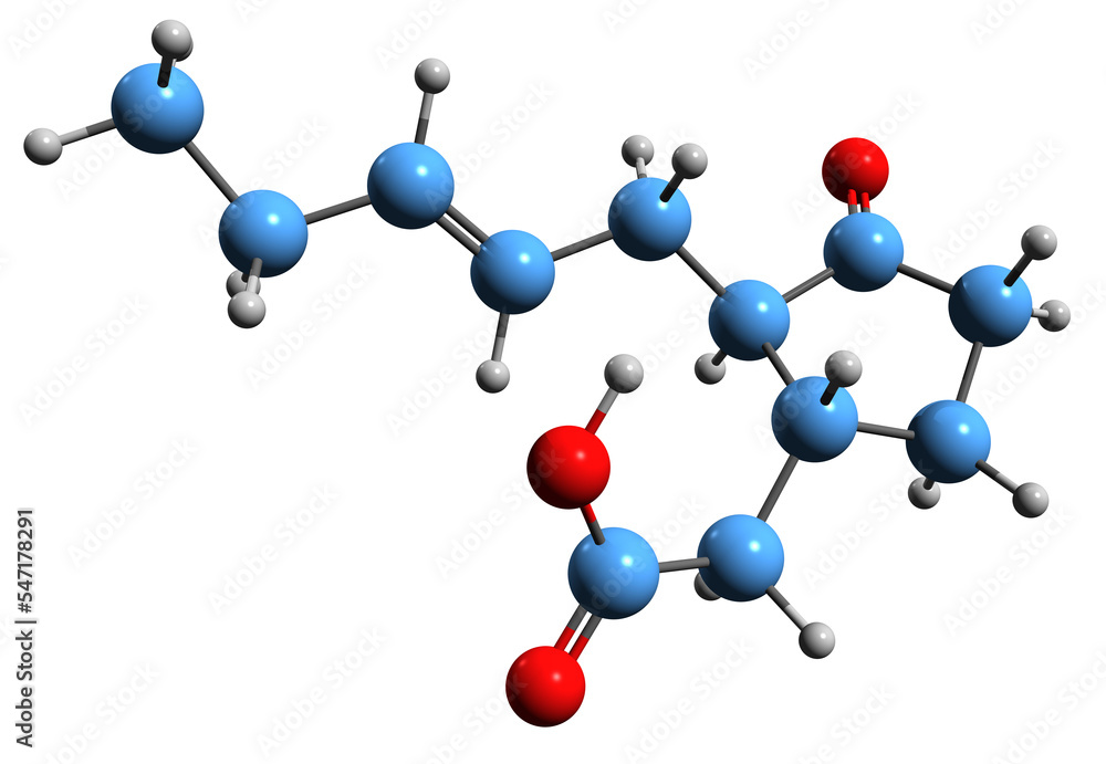 3D image of Jasmonic acid skeletal formula - molecular chemical structure of plant hormone isolated on white background
3D image of Jasmonic acid skeletal formula - molecular chemical structure of plant hormone isolated on white background