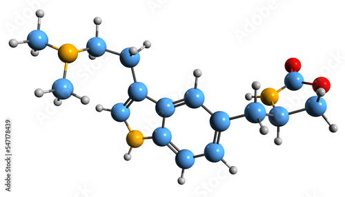  3D image of Zolmitriptan skeletal formula - molecular chemical structure of  migraine medication isolated on white background
 photo