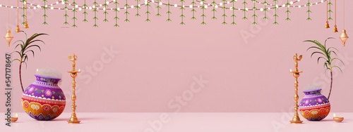 product display, pongal festival in white background with pongal pot, sugar can, bull, speaker, diya and tradition design, 3d render