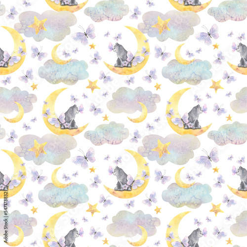 Cute, gray kittens are sitting on the moon in clouds with stars and lilac butterflies in the air. Children's, watercolor illustration. Seamless pattern. For fabric, wallpaper, cover