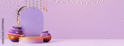 product display, pongal festival in white background with pongal pot, sugar can, bull, speaker, diya and tradition design, 3d render photo
