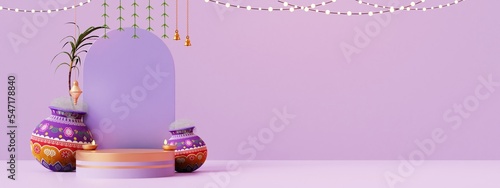 product display, pongal festival in white background with pongal pot, sugar can, bull, speaker, diya and tradition design, 3d render