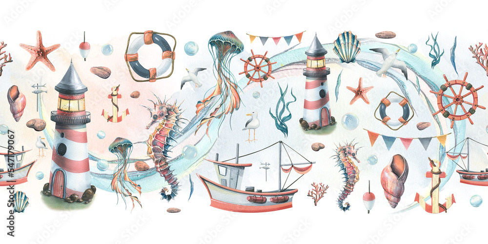 Seamless board with marine underwater inhabitants, a lighthouse and a boat. Watercolor illustration on a white background with washes from the SYMPHONY OF THE SEA collection.