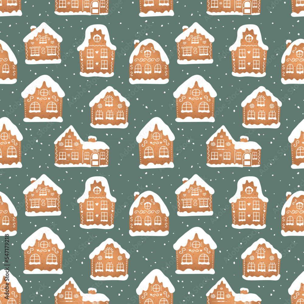Seamless pattern of christmas gingerbread house cookies with snow on green background