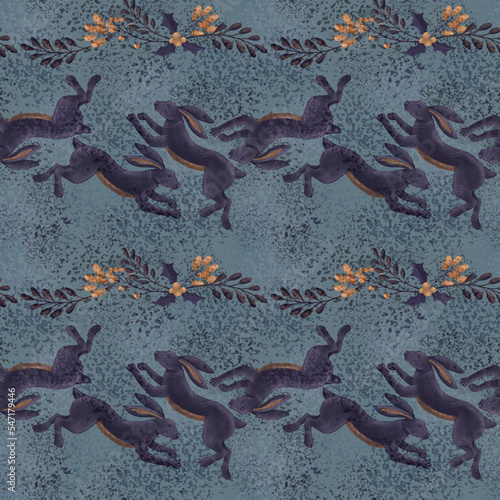 Ethnical ornament hare Christmas floral Seamless pattern with hand painted rabbit, leaves, berries on dark background. Can be used for fabric, wallpaper, packaging, wrapping paper, scrapbook paper 