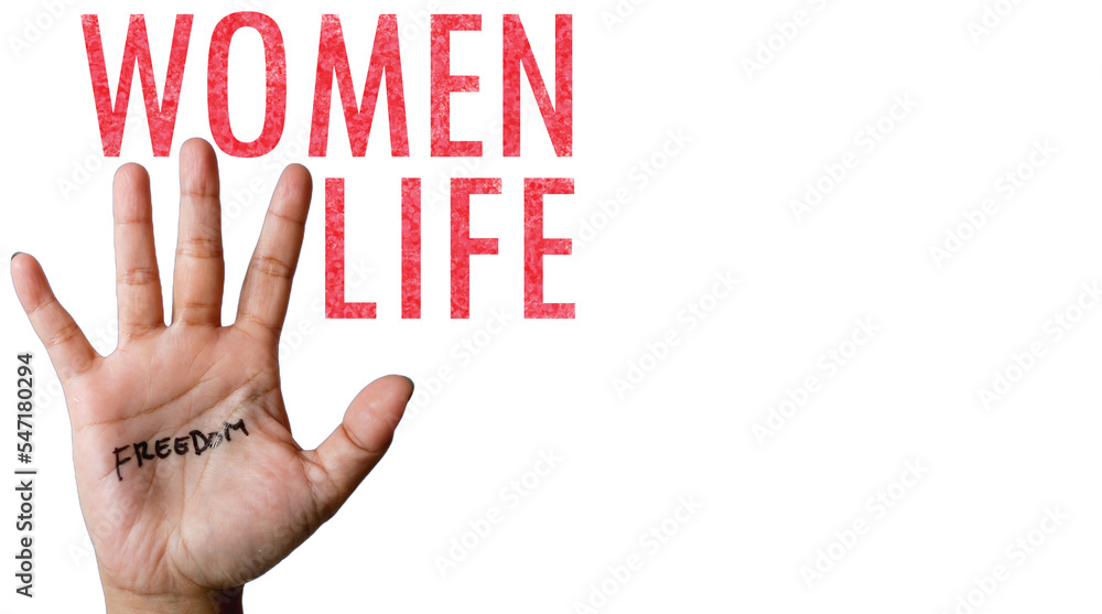 Word text Women life freedom with hand. concept of supporting women's rights. Water colour. Copy space. Banner Word text Women life freedom with hand. concept of supporting women's rights. Water colour. Copy space. Banner