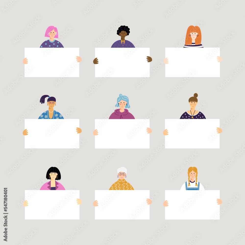 Vector flat illustration with set of female characters holding empty paper sheet. Women holding and blank white banner for advertising. Flat characters isolated on gray background. Vector flat illustration with set of female characters holding empty paper sheet. Women holding and blank white banner for advertising. Flat characters isolated on gray background.