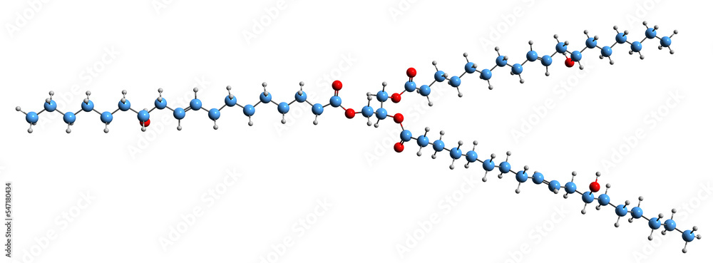 3D image of ricinoleate acid skeletal formula - molecular chemical structure of Castor oil phytochemical isolated on white background
3D image of ricinoleate acid skeletal formula - molecular chemical structure of Castor oil phytochemical isolated on white background