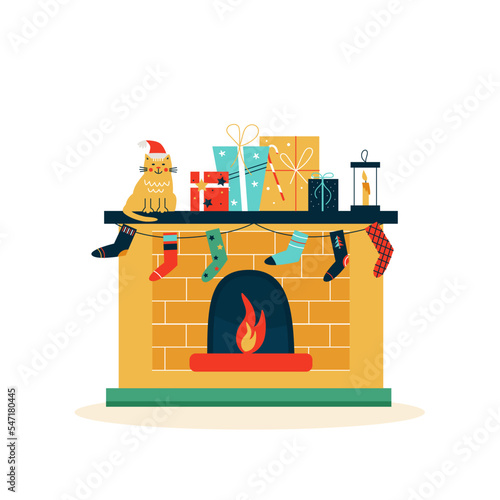 Vector illustration with colorful Christmas fireplace with holiday decorations, presents and happy cat in santa hat.	

