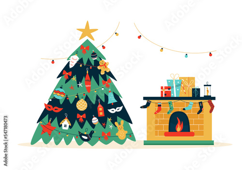 Vector illustration with colorful Christmas tree and fireplace with holiday decorations and presents. Flat illustration isolated on white background.
