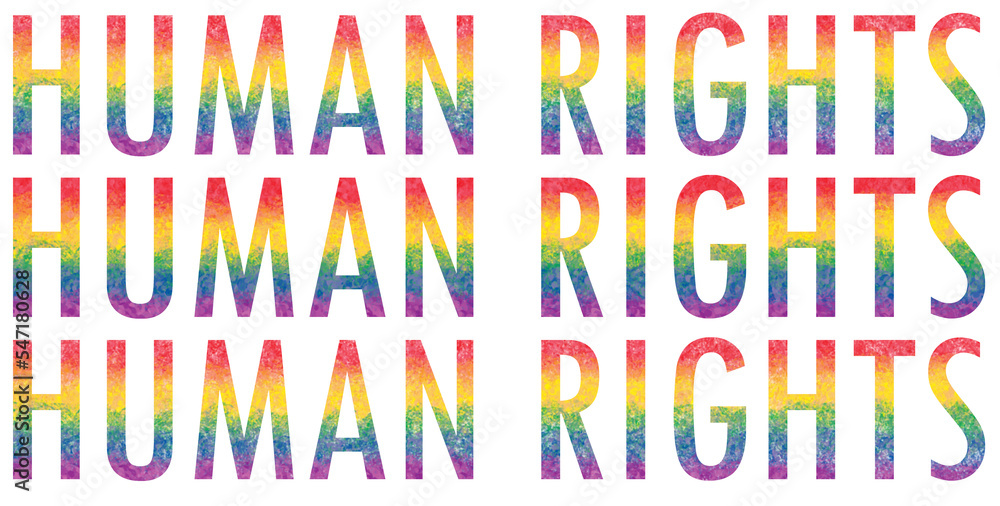 Word text Human Rights. Background. Water colour effect with rainbow colored characters. Banner