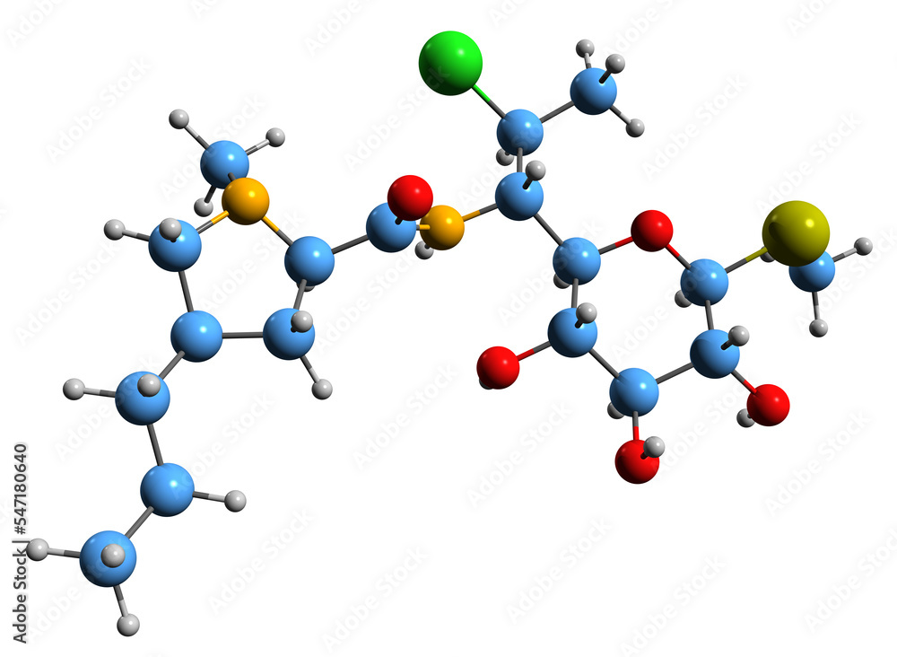 3D image of Clindamycin skeletal formula - molecular chemical structure of antibiotic isolated on white background
3D image of Clindamycin skeletal formula - molecular chemical structure of antibiotic isolated on white background