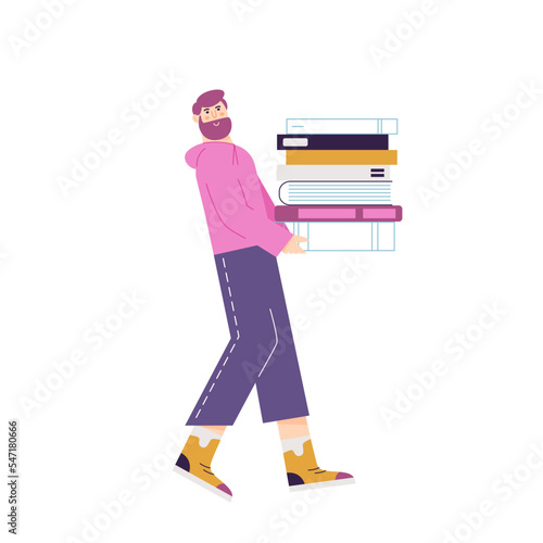 Vector flat illustration with young man carrying pile of books. Modern male character isolated on white background.