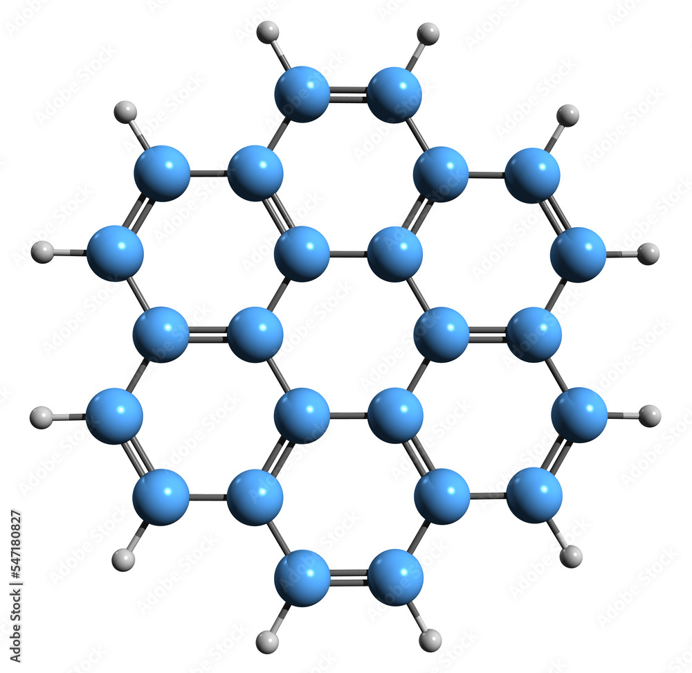 3D image of Coronene skeletal formula - molecular chemical structure of polycyclic aromatic hydrocarbon superbenzene isolated on white background 3D image of Coronene skeletal formula - molecular chemical structure of polycyclic aromatic hydrocarbon superbenzene isolated on white background