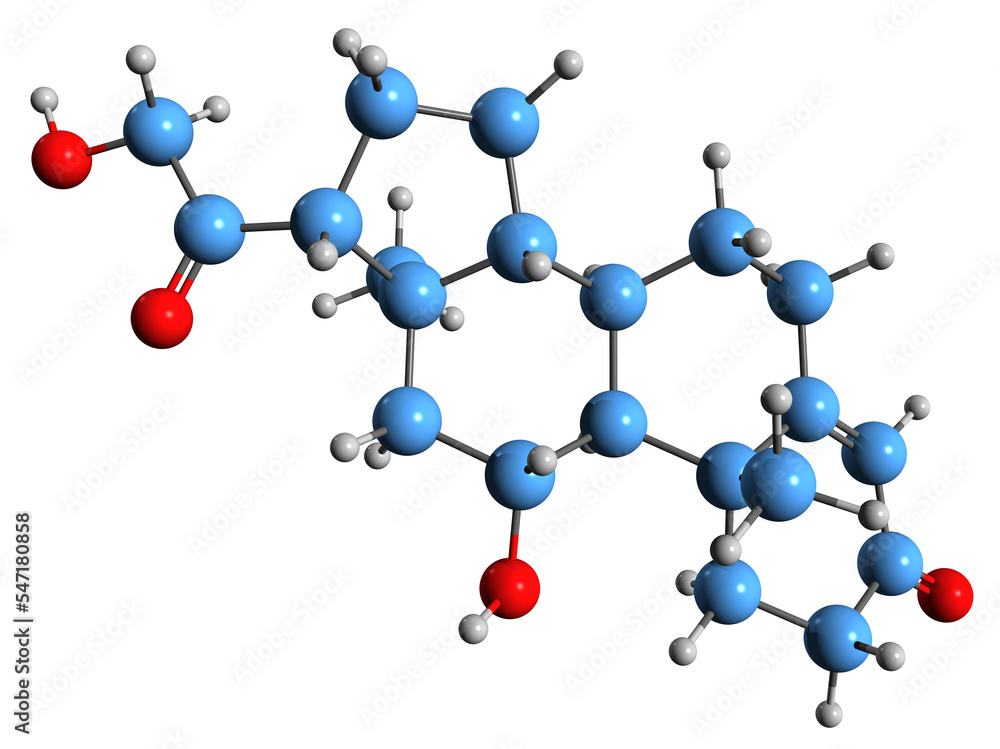 3D image of Cortisol skeletal formula - molecular chemical structure of steroid hormone isolated on white background
3D image of Cortisol skeletal formula - molecular chemical structure of steroid hormone isolated on white background
