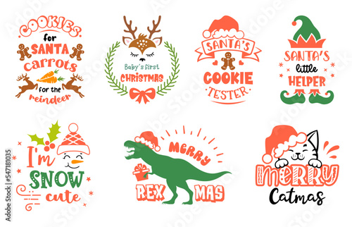 Set of kids Christmas sign with quotes. Funny baby vector designs. Set of winter holiday symbols with saying. Christmas emblem designs. Festive design for badges and cards.
