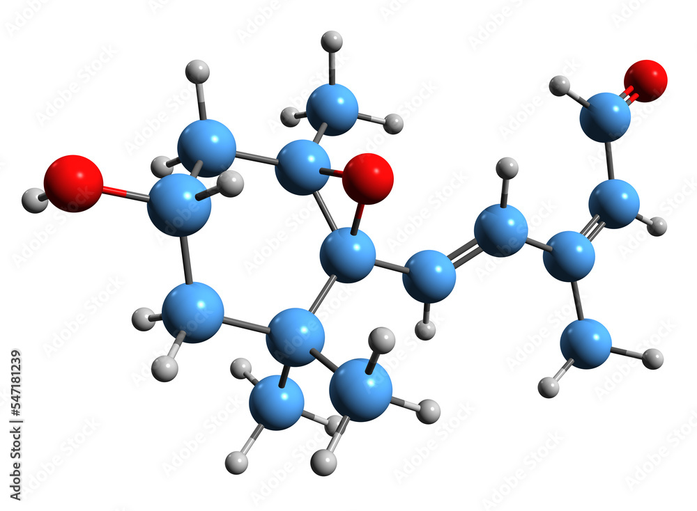 3D image of Xanthoxin skeletal formula - molecular chemical structure of plant hormone intermediate isolated on white background 3D image of Xanthoxin skeletal formula - molecular chemical structure of plant hormone intermediate isolated on white background