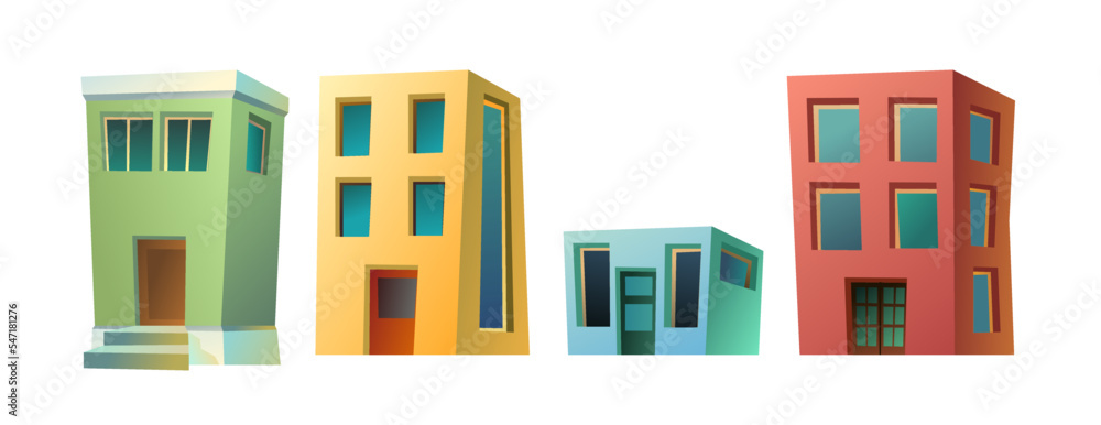 Set of small cozy town. Homes and offices. Cartoon fun style. Isolated on white background. Flat design. Vector.