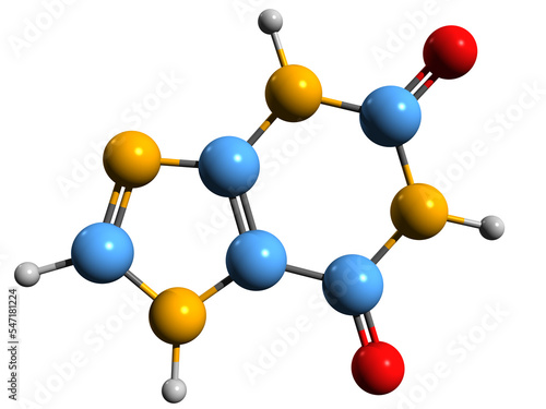 3D image of Xanthine skeletal formula - molecular chemical structure of Purinedione isolated on white background
 photo