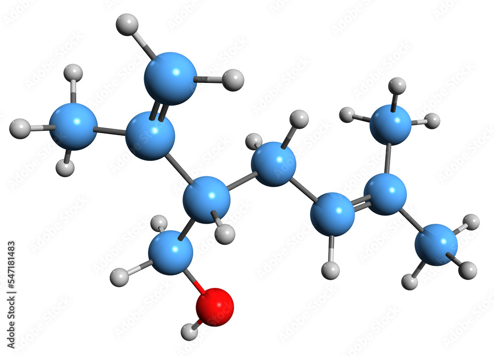 3D image of Lavandulol skeletal formula - molecular chemical structure of lavender oil phytochemical isolated on white background
3D image of Lavandulol skeletal formula - molecular chemical structure of lavender oil phytochemical isolated on white background