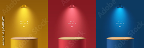 Set of yellow, dark blue, red realistic 3d cylinder stand podium in empty rooms with hanging neon light. Stage for showcase, Product display. Vector rendering geometric forms. Abstract minimal scene.