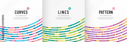 Set of colorful curve stripes lines and round dots pattern on a white background with copy space. Random lines texture in trendy color. Simple and minimal flat banner design. Vector illustration.