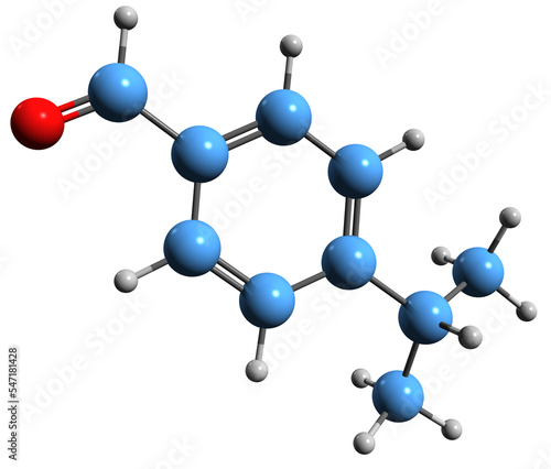 3D image of Cuminaldehyde skeletal formula - molecular chemical structure of p-Isopropylbenzaldehyde isolated on white background photo