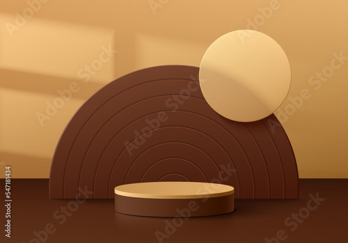 Abstract 3D backgroun with realistic golden, brown cylinder product stand podium and semi circle backdrop. Retro minimal scene mockup display presentation. Vector geometric platform. Stage showcase.