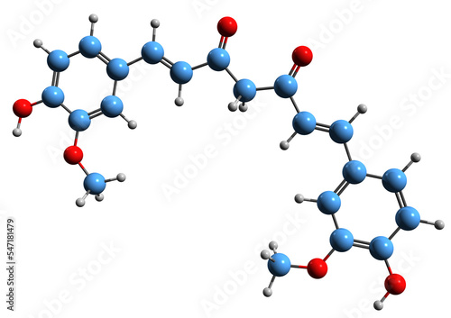  3D image of Curcumin skeletal formula - molecular chemical structure of food coloring Diferuloylmethane isolated on white background
 photo