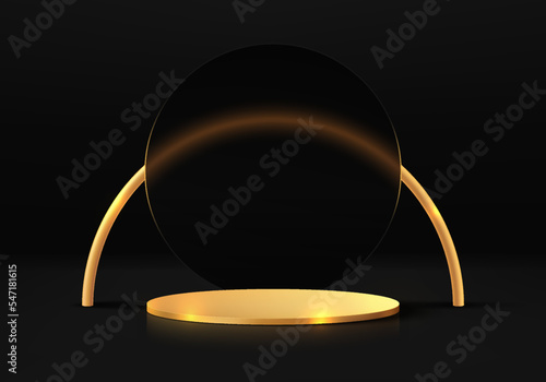 Abstract dark 3D background with realistic gold cylinder pedestal podium, gold arch and round backdrop. Minimal wall scene mockup product display. Geometric forms design. Black friday stage showcase.