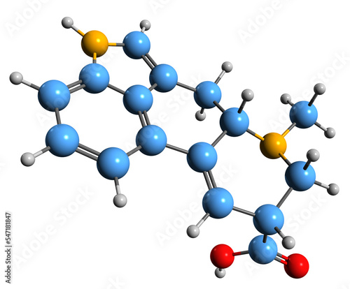  3D image of Lysergic acid skeletal formula - molecular chemical structure of  ergoline alkaloids precursor isolated on white background photo