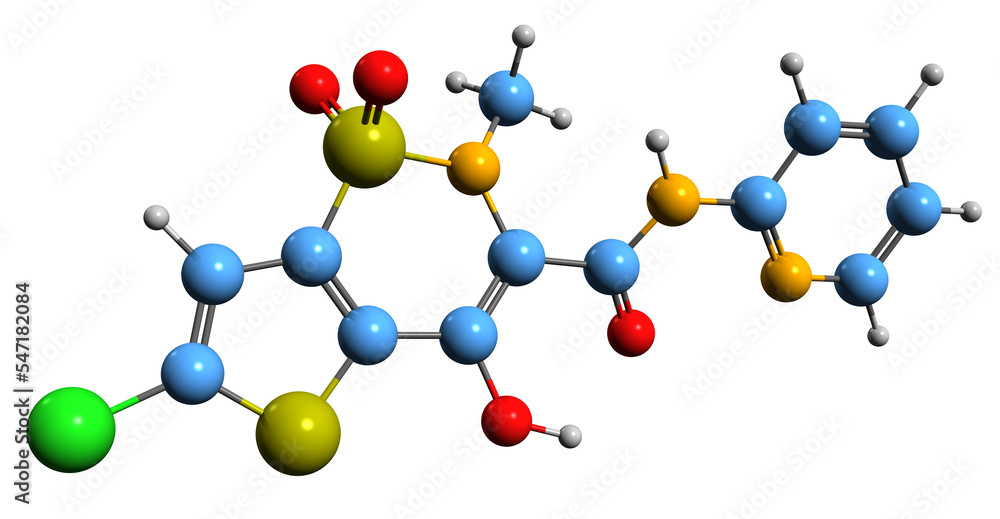 3D image of Lornoxicam skeletal formula - molecular chemical structure of chlortenoxicam isolated on white background
3D image of Lornoxicam skeletal formula - molecular chemical structure of chlortenoxicam isolated on white background