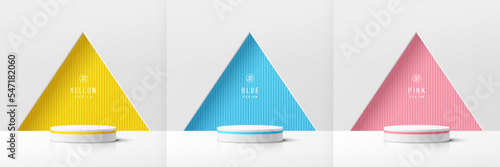 Set of white realistic 3d cylinder pedestal podium with yellow, blue, pink in triangles shape wall scene. Abstract minimal vector rendering geometric forms. Mockup product display. Stage for showcase.