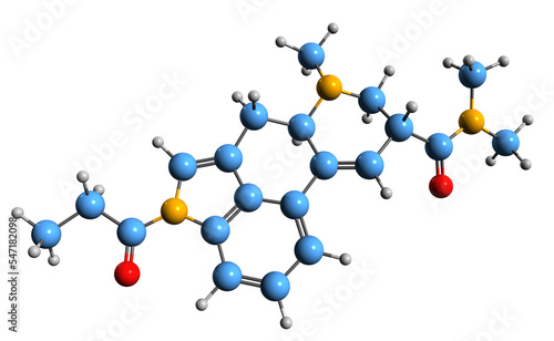 3D image of 1P-LSD skeletal formula - molecular chemical structure of 1-propionyl-lysergic acid diethylamide isolated on white background photo