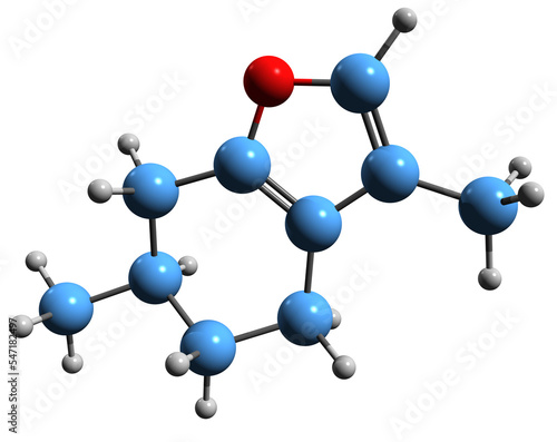  3D image of Menthofuran skeletal formula - molecular chemical structure of hepatotoxic phytochemical isolated on white background
 photo