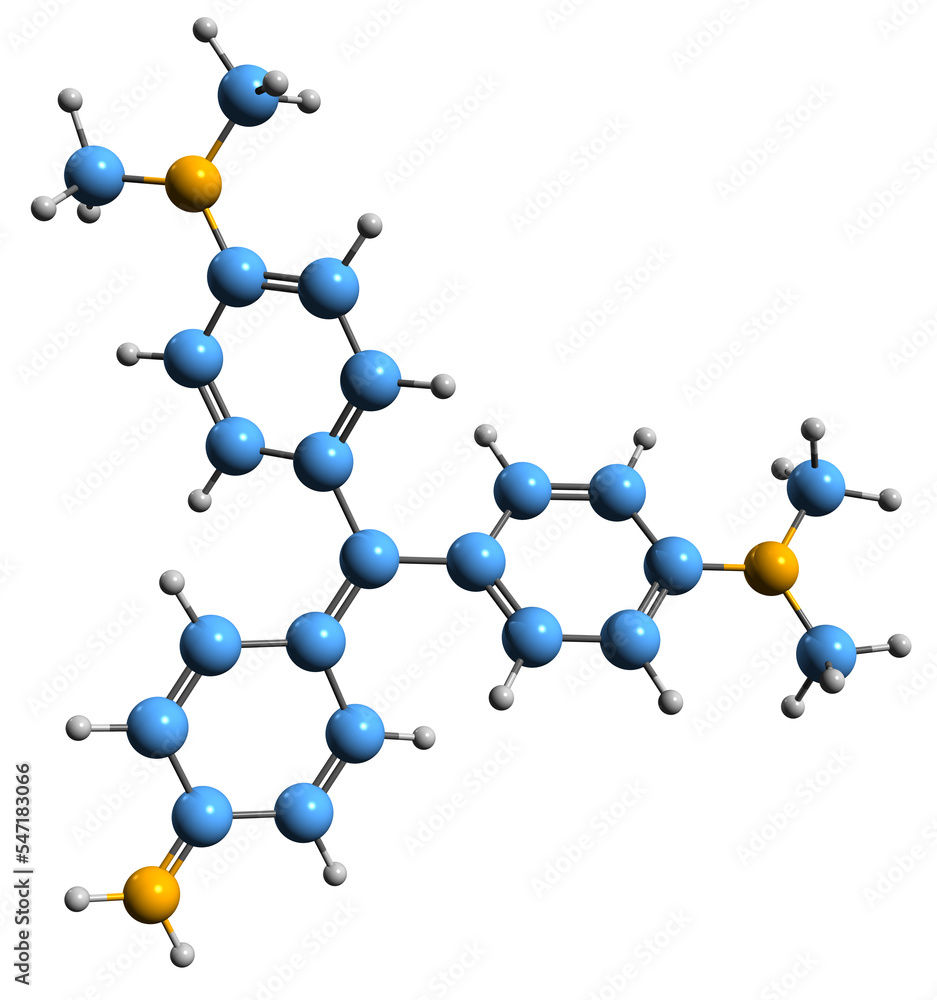 3D image of Methyl violet skeletal formula - molecular chemical structure of Hexamethylparosanilinium chloride isolated on white background 3D image of Methyl violet skeletal formula - molecular chemical structure of Hexamethylparosanilinium chloride isolated on white background