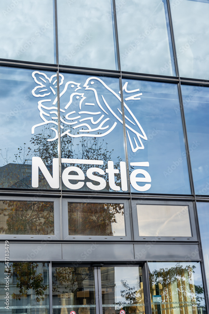 Nestlé logo at the entrance of Nestlé France headquarters building in