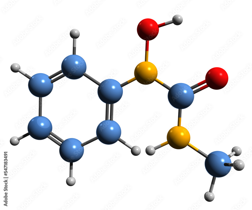 3D image of Meturin skeletal formula - molecular chemical structure of 1-hydroxy-3-methyl-1-phenylurea isolated on white background 3D image of Meturin skeletal formula - molecular chemical structure of 1-hydroxy-3-methyl-1-phenylurea isolated on white background