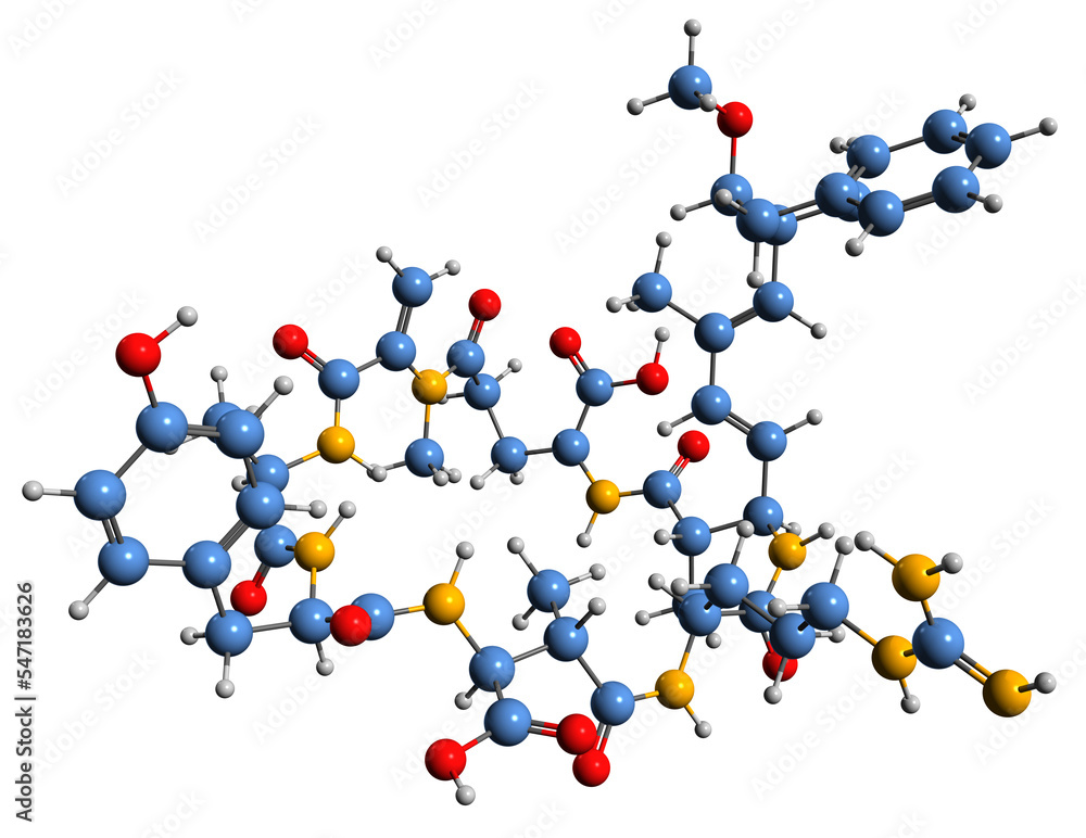 3D image of Microcystin YR skeletal formula - molecular chemical structure of toxin cyanoginosin YR isolated on white background 3D image of Microcystin YR skeletal formula - molecular chemical structure of toxin cyanoginosin YR isolated on white background