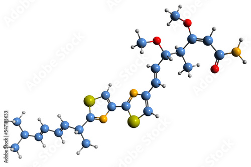 Fototapeta Naklejka Na Ścianę i Meble -   3D image of Myxothiazol skeletal formula - molecular chemical structure of fungus metabolite isolated on white background
