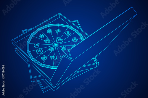 Fresh pizza in box. Wireframe vector