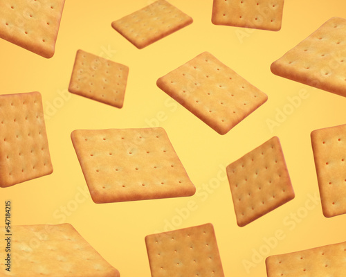 Square yellow cookie cracker falling on beige background, 3d render
