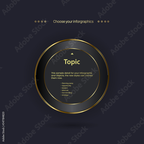 Premium infographic gold button, banner, option box design, a modern style of dark infographic on a dark background with One golden circle Vector design.