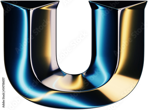 3d rendering of glossy chrome letter U with shining lights effect