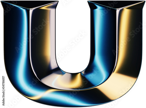 3d rendering of glossy chrome letter U with shining lights effect photo