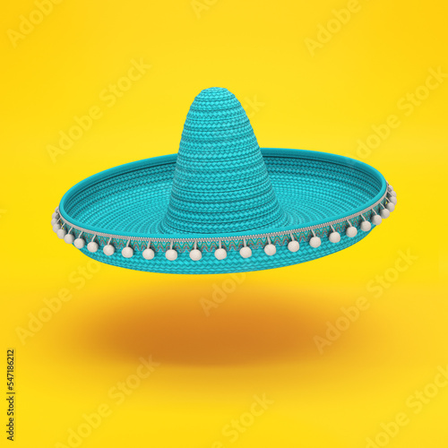 Turquoise sombrero hat floating on a yellow background, 3d render