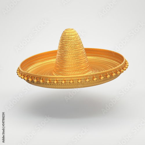 Hat golden sombrero floating on a gray background, 3d render